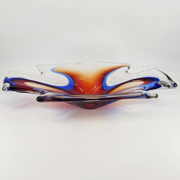 Abstract Blue Red Orange Hand Blown Art Glass Bowl/Candy Dish Polished Pontil - Picture 3 of 5